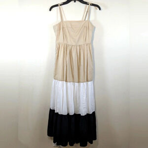 J Crew Factory square neck tiered sundress with pockets tan/white/black, size 00
